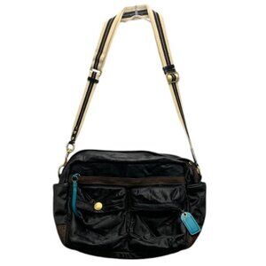 Coach Hampton Messenger Bag Women’s Medium Black Satin Brown Suede Vintage Purse